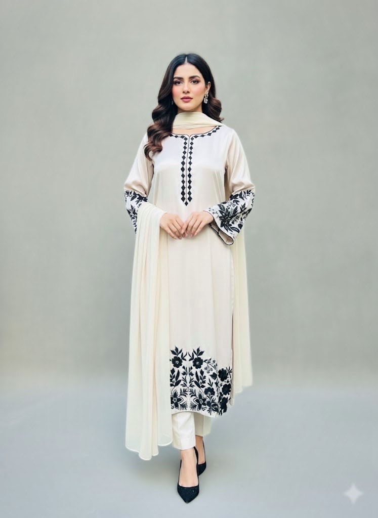 Elegant Cream Embroided Silk