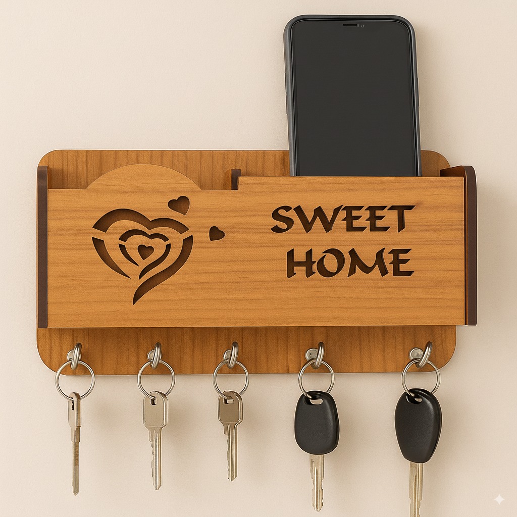 Premium Quality Wooden Sweet Home designer Wall Mounted Key Holder and Mobilestand/remote/pen/multipurpose