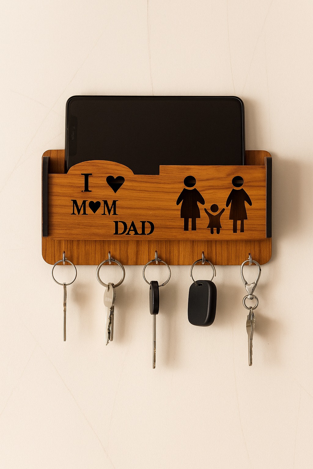 premium Quality Wooden I Love mom dad design Key Holder and Mobilestand/remote/pen/multipurpose