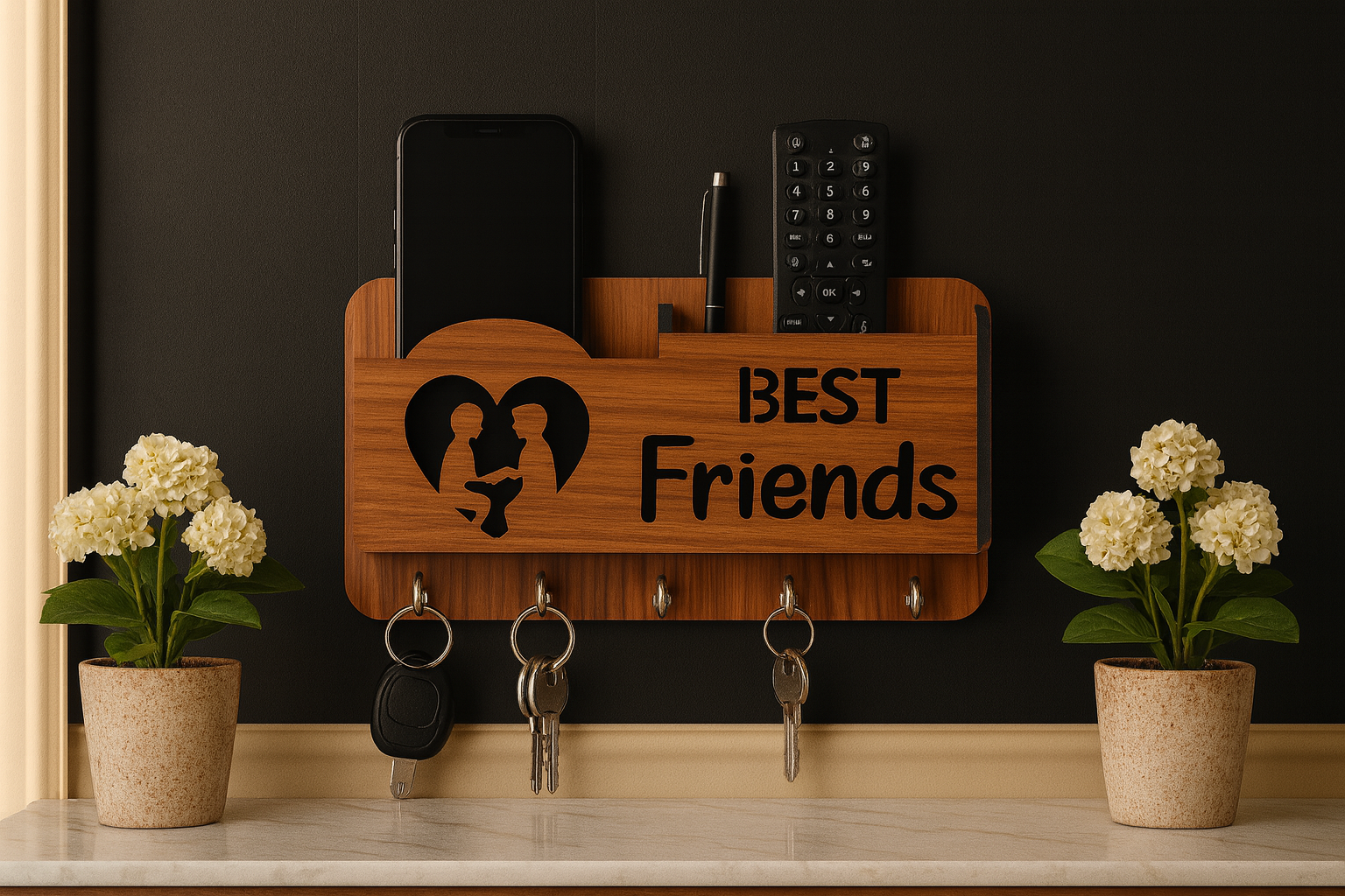 Premium Quality Wooden Best Friends design Key Holder and Mobilestand/remote/pen/multipurpose