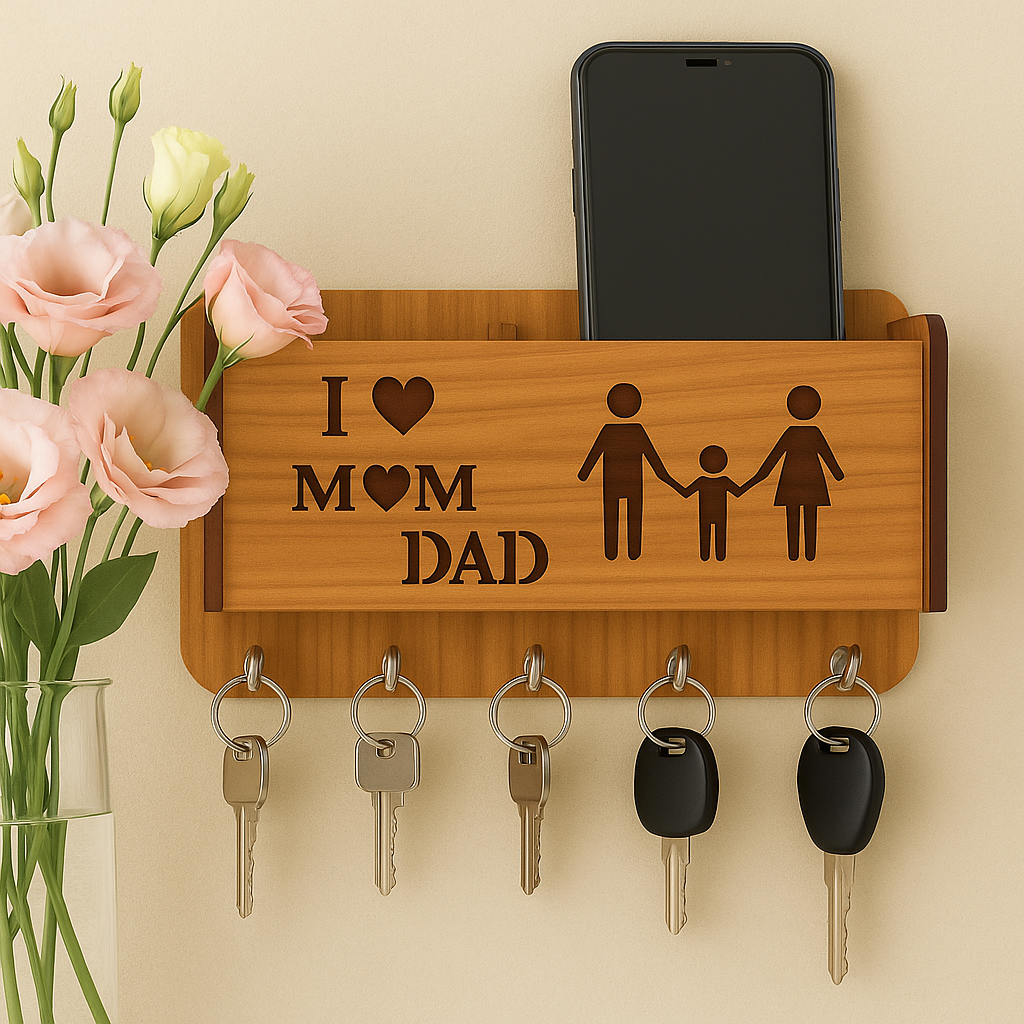 premium Quality Wooden I Love mom dad design Key Holder and Mobilestand/remote/pen/multipurpose