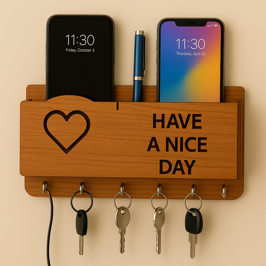 Premium Quality Wooden Have A Nice Day designer Wall Mounted Key Holder and Mobilestand/remote/pen/multipurpose