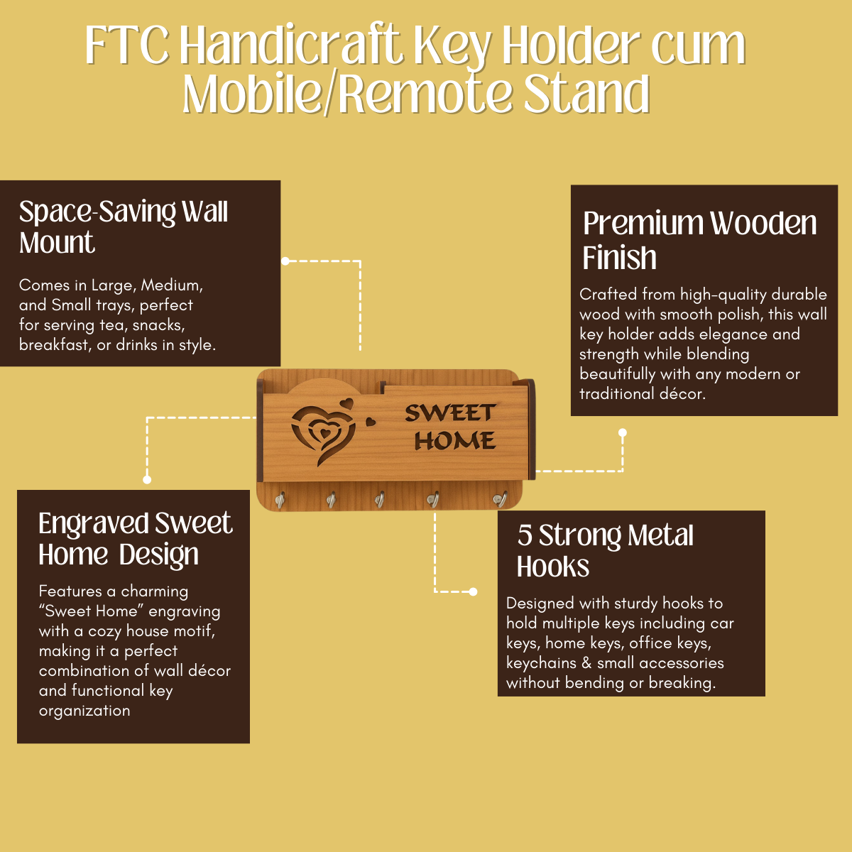 Premium Quality Wooden Sweet Home  designer Wall Mounted Key Holder and Mobilestand/remote/pen/multipurpose