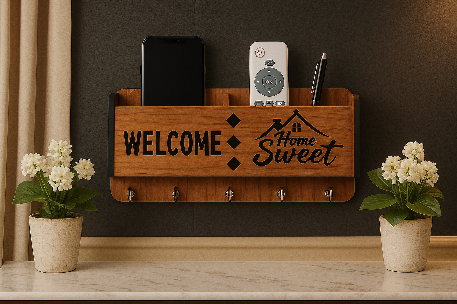 Premium Quality Wooden Welcome Home Sweet designer Wall Mounted Key Holder and Mobilestand/remote/pen/multipurpose
