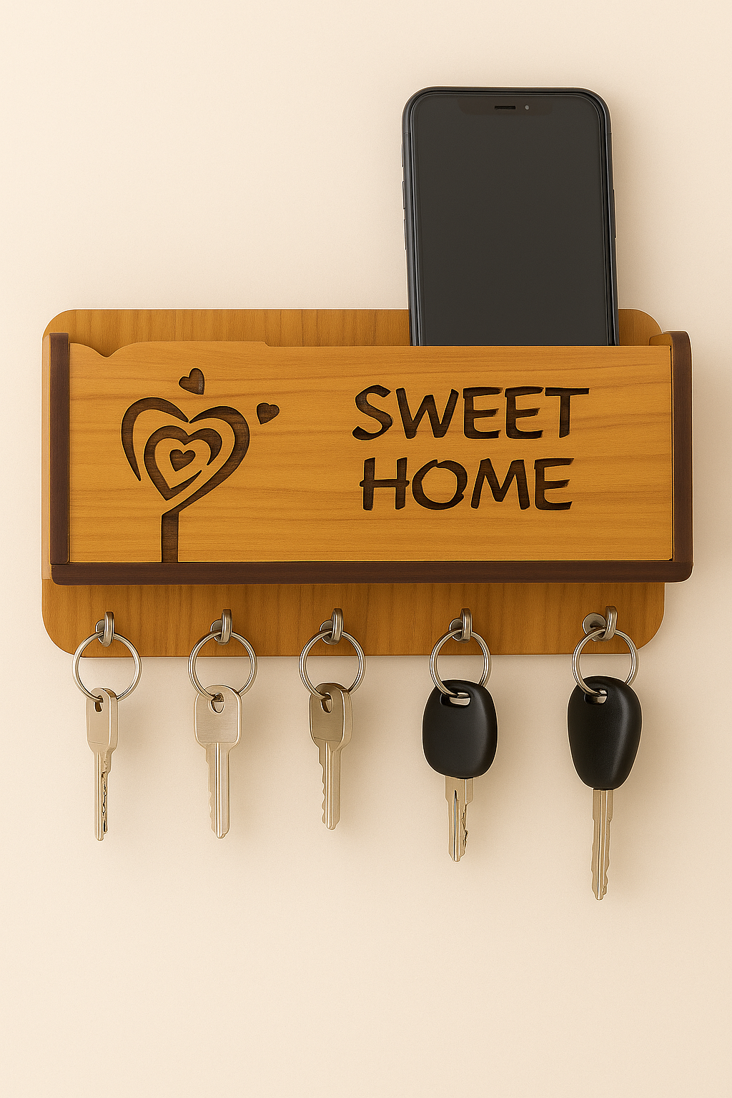 Premium Quality Wooden Sweet Home  designer Wall Mounted Key Holder and Mobilestand/remote/pen/multipurpose