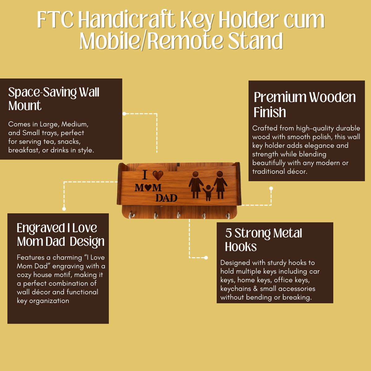 premium Quality Wooden I Love mom dad design Key Holder and Mobilestand/remote/pen/multipurpose