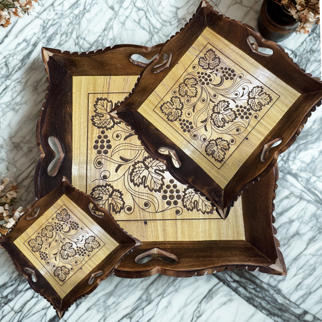 Handcrafted Decorative Wooden Serving Tray Set of 3