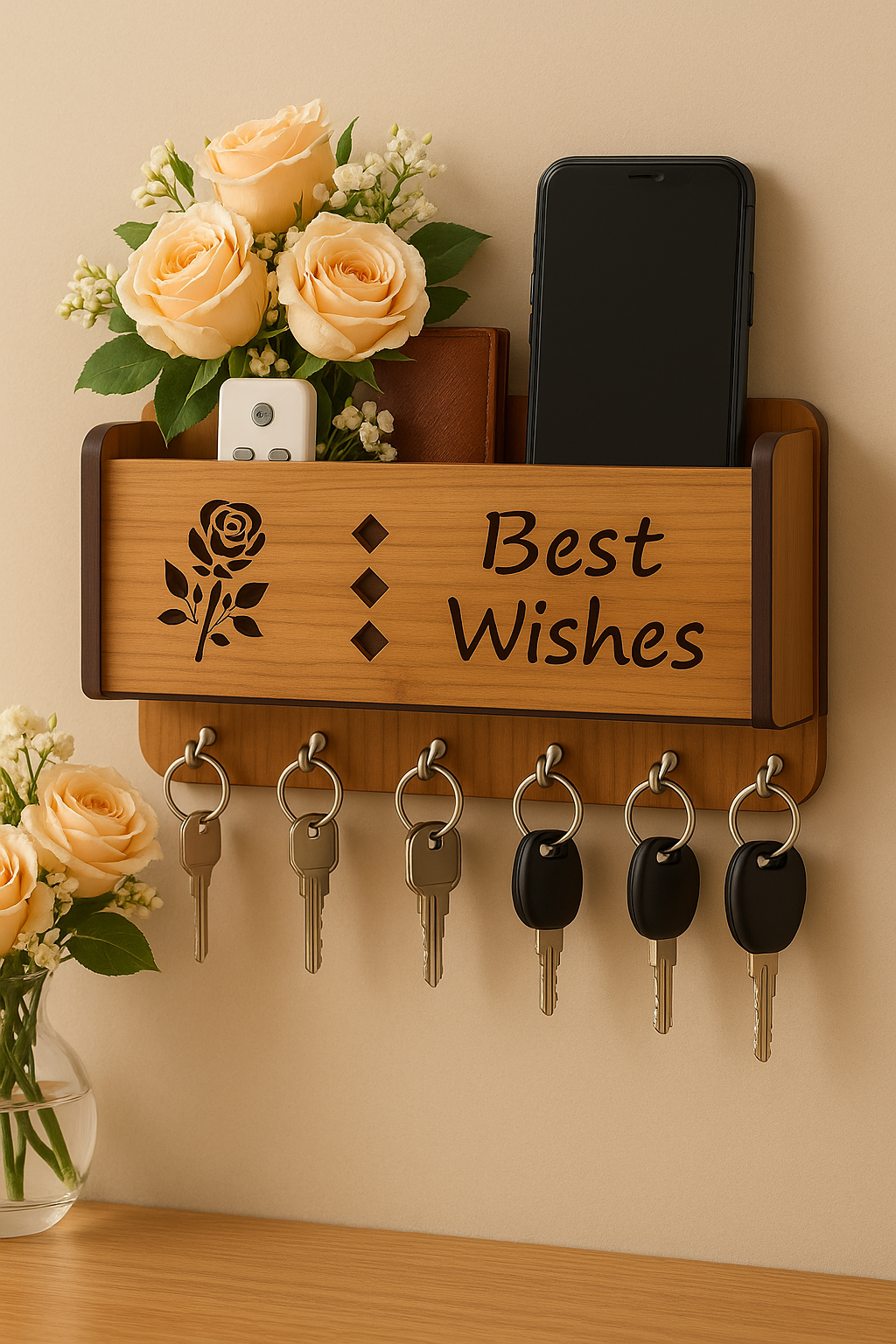 Premium Quality Wooden Best wishes designer Wall Mounted Key Holder and Mobilestand/remote/pen/multipurpose