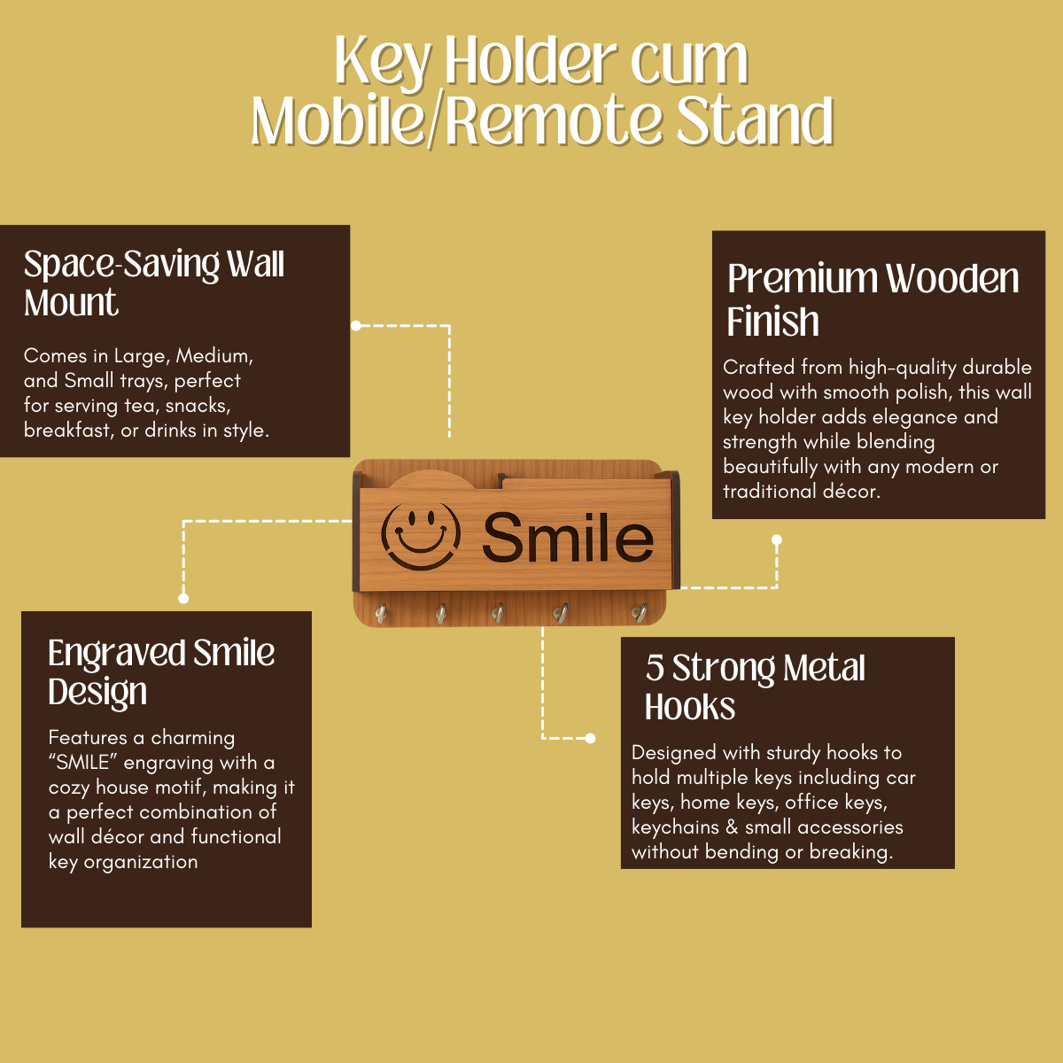 Premium Quality WoodenSmile  designer Wall Mounted Key Holder and Mobilestand/remote/pen/multipurpose