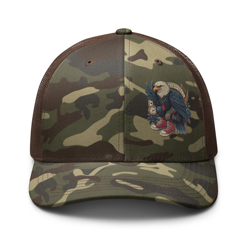 Camo Mesh Trucker Hat with Embroidered Eagle