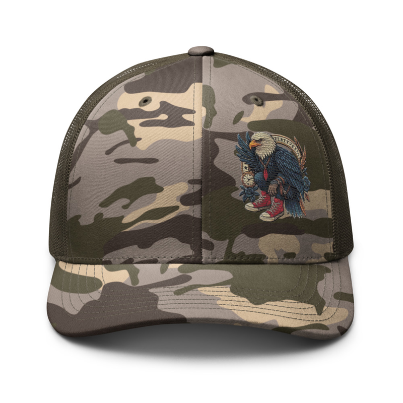 Camo Mesh Trucker Hat with Embroidered Eagle
