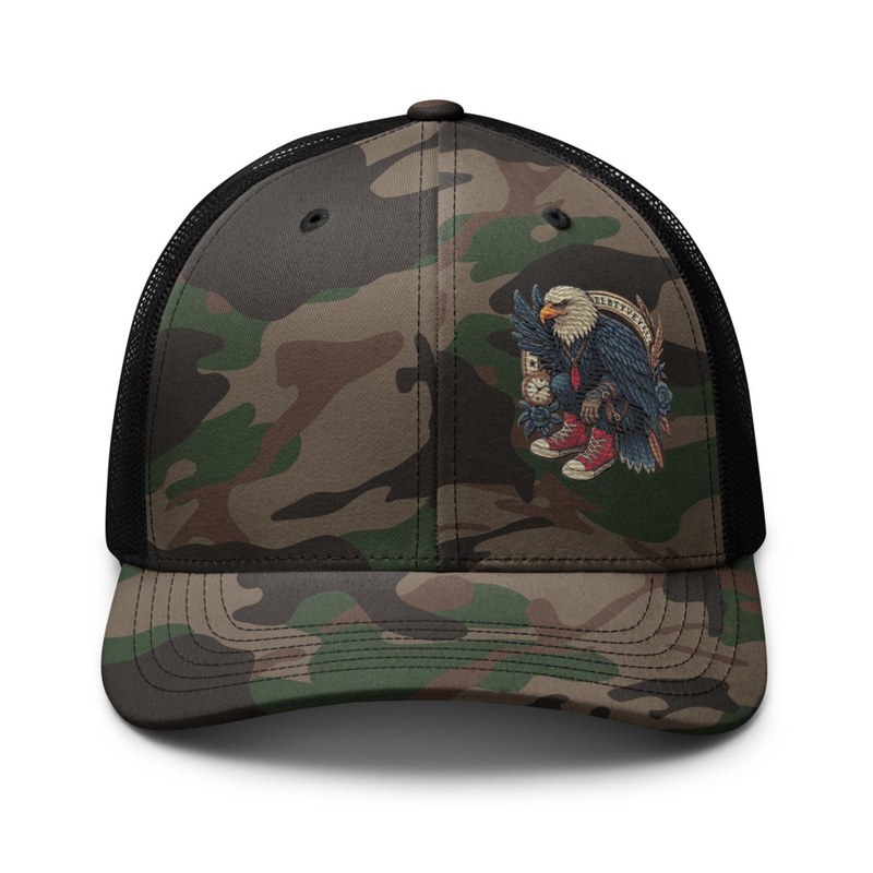 Camo Mesh Trucker Hat with Embroidered Eagle