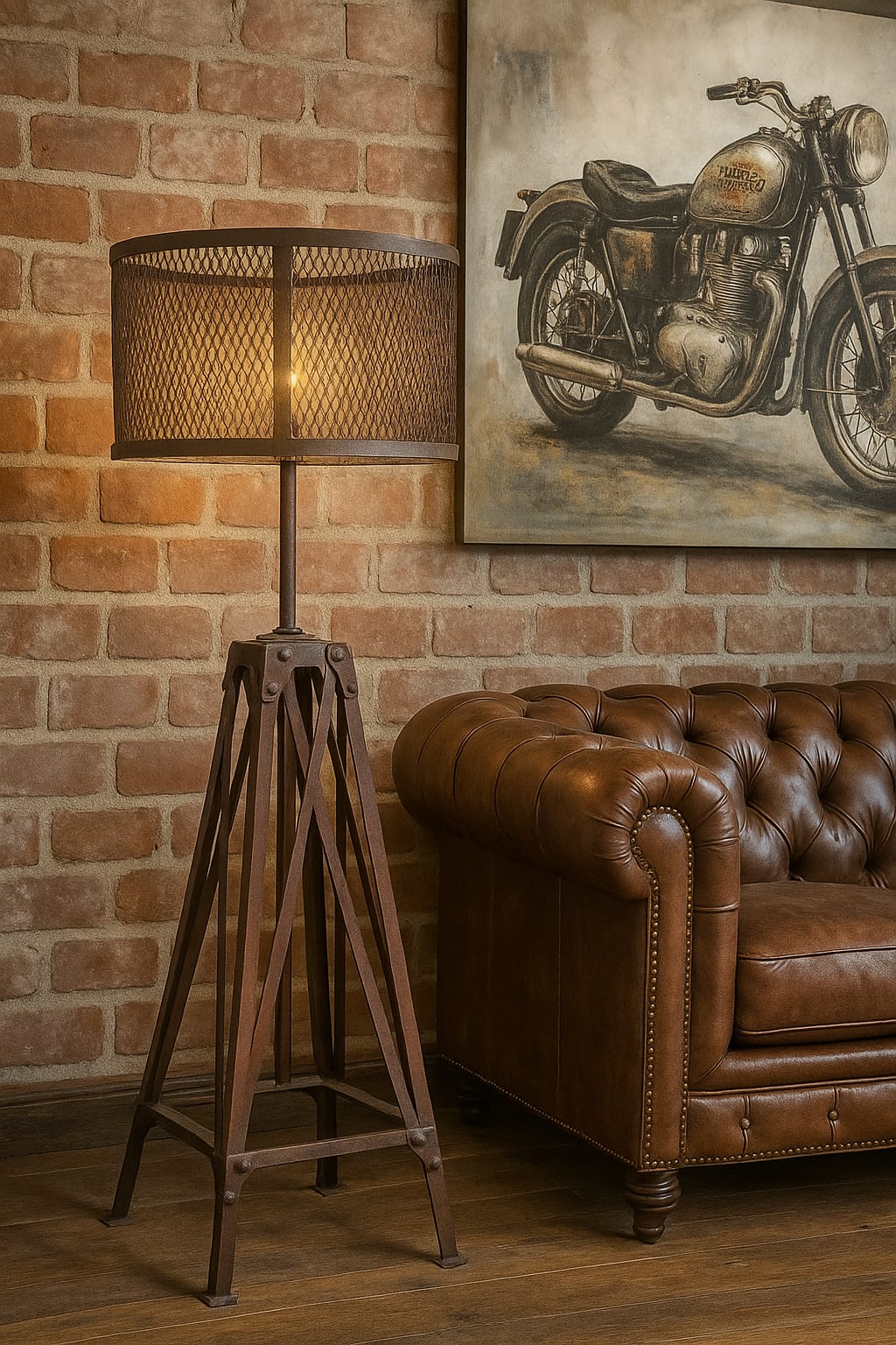 LAMPARA PIE EN FORMA DE TORRE Y PANTALLA TEJIDA REDONDA