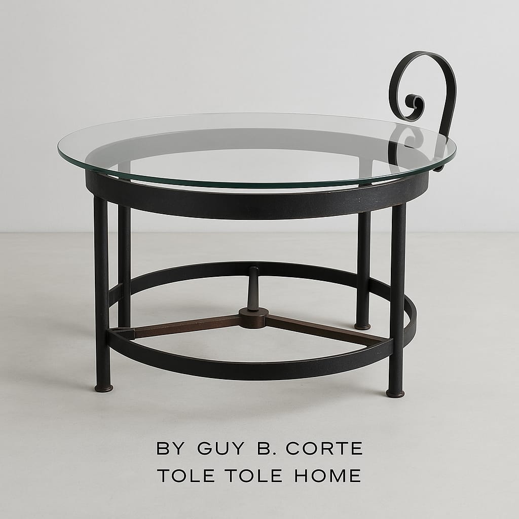 MESA ESQUINERO REDONDA TAPA VIDRIO BASE HIERRO Y MADERA