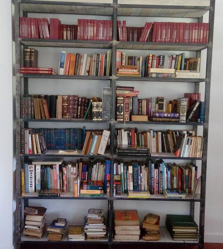 Large Metal Bookshelf with Mixed Books