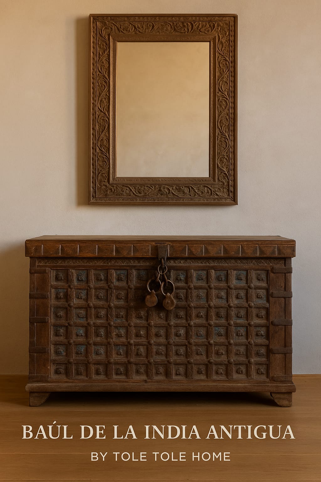 BAUL ANTIGUO DE LA INDIA DE MADERA CON HIERRO