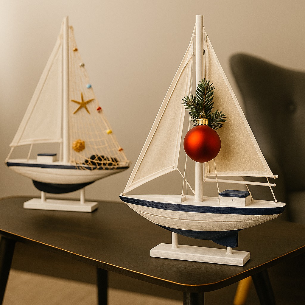 VELERO DECOR MADERA BLANCO Y AZUL CON BOYAS