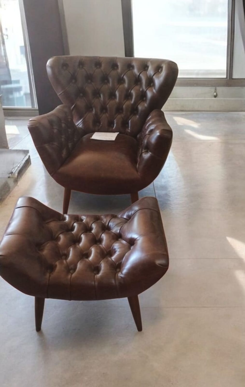 Vintage Brown Leather Armchair with Ottoman