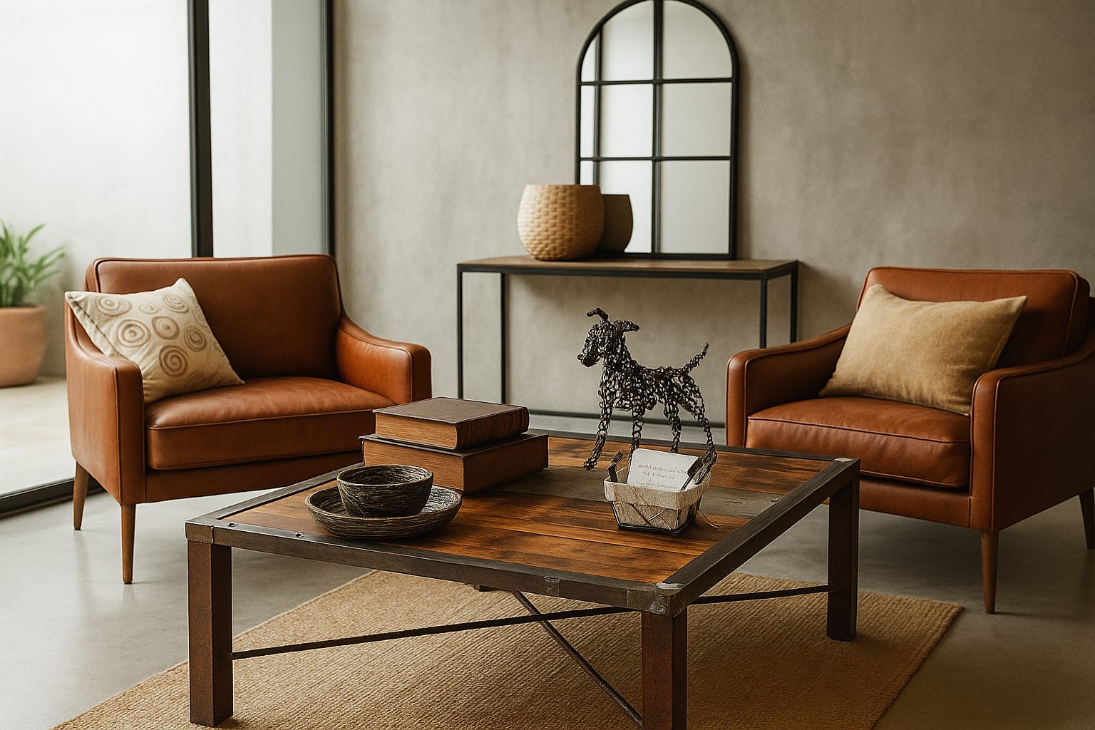 SILLON INDIVIDUAL CUERO X 2 Y MESA DE CAFÉ DE MADERA Y HIERRO