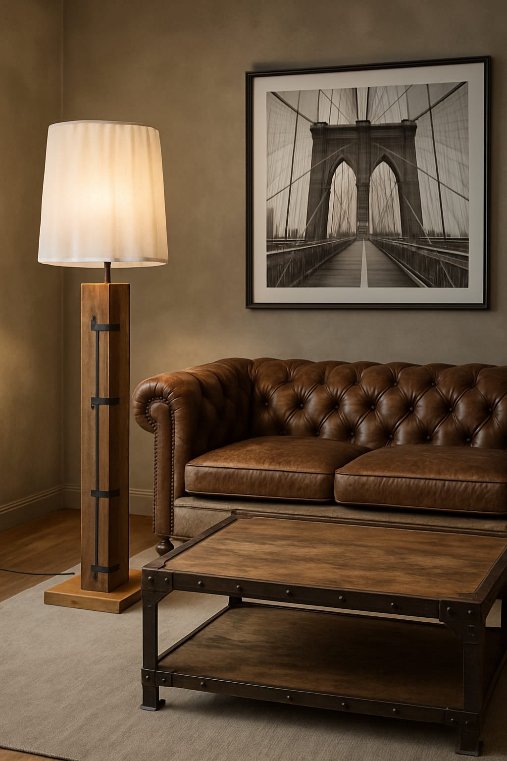 LÁMPARA DE PIE DE MADERA CON DETALLES DE HIERRO