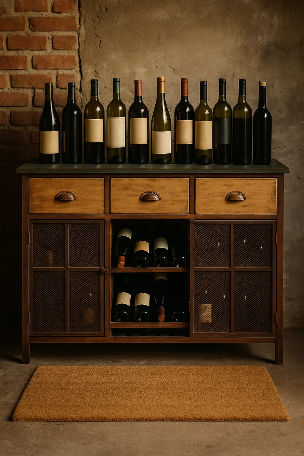 BODEGUITA 2 PUERTAS 3 CAJONES HIERRO MADERA TAPA VERDE 107X40X88 DE ALTO