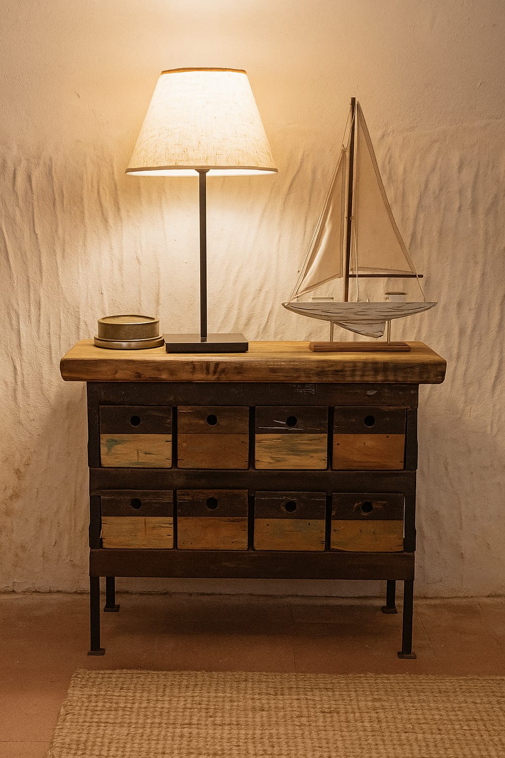 ARRIME DE MADERA Y HIERRO CON 8 CAJONES 80x30x64