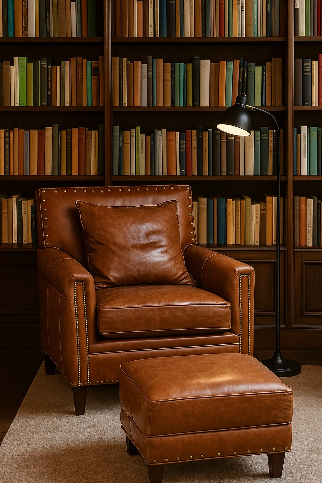 SILLÓN DE CUERO MARRÓN CON ESCABEL