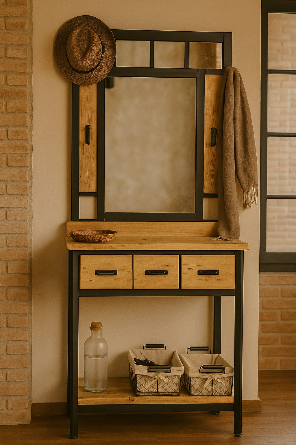 PERCHERO  ESPEJO HIERRO REPARTIDO Y MADERA 3 CAJONES  94x40x1,90