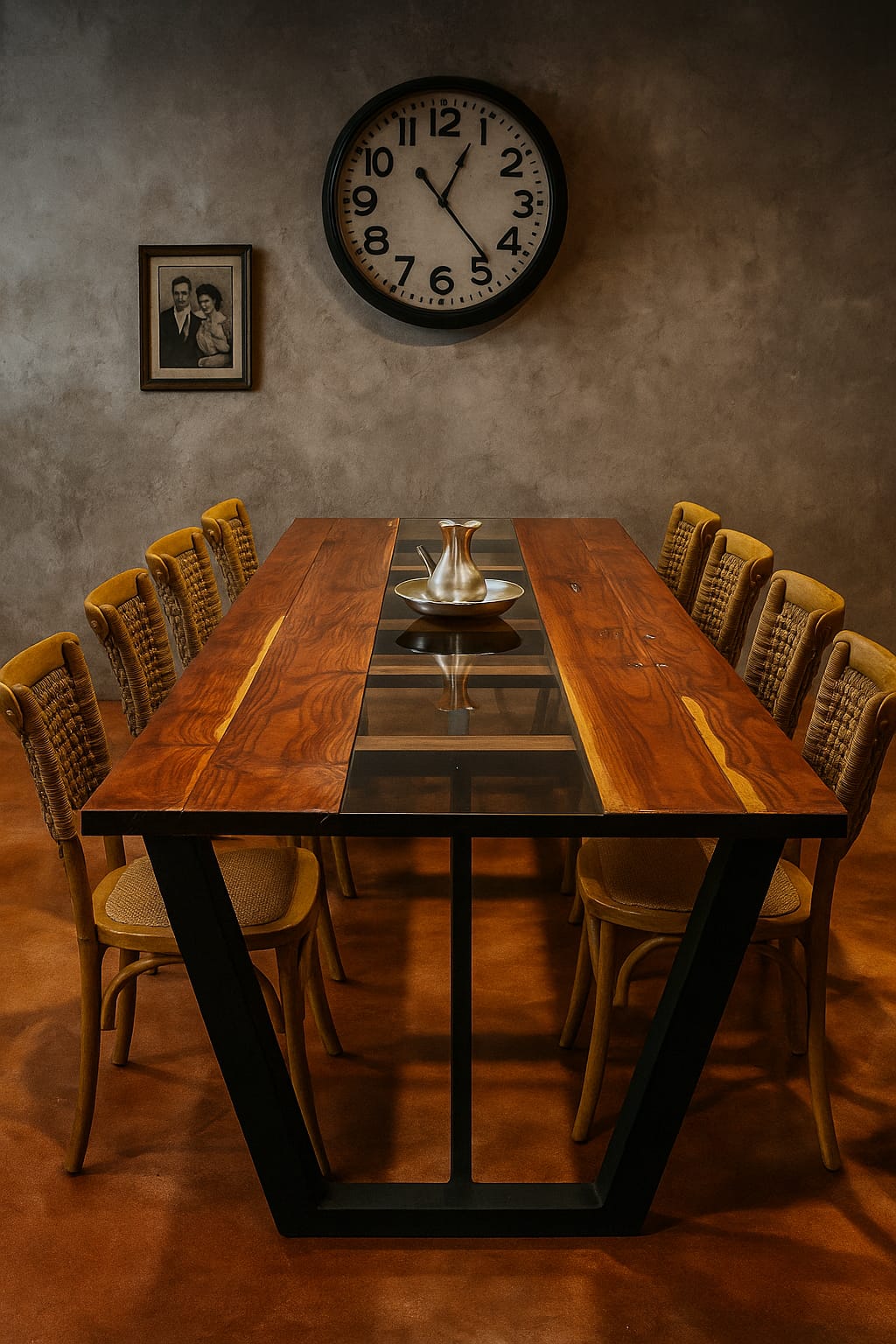 MESA DE COMEDOR DE MADERA Y VIDRIO CON BORDE NATURAL