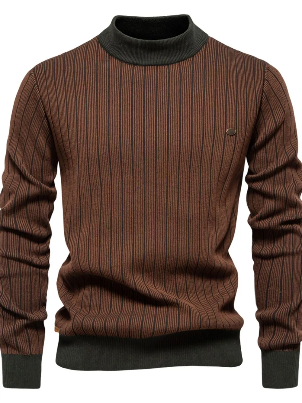 Men's Mock Neck Contrast Striped Sweater