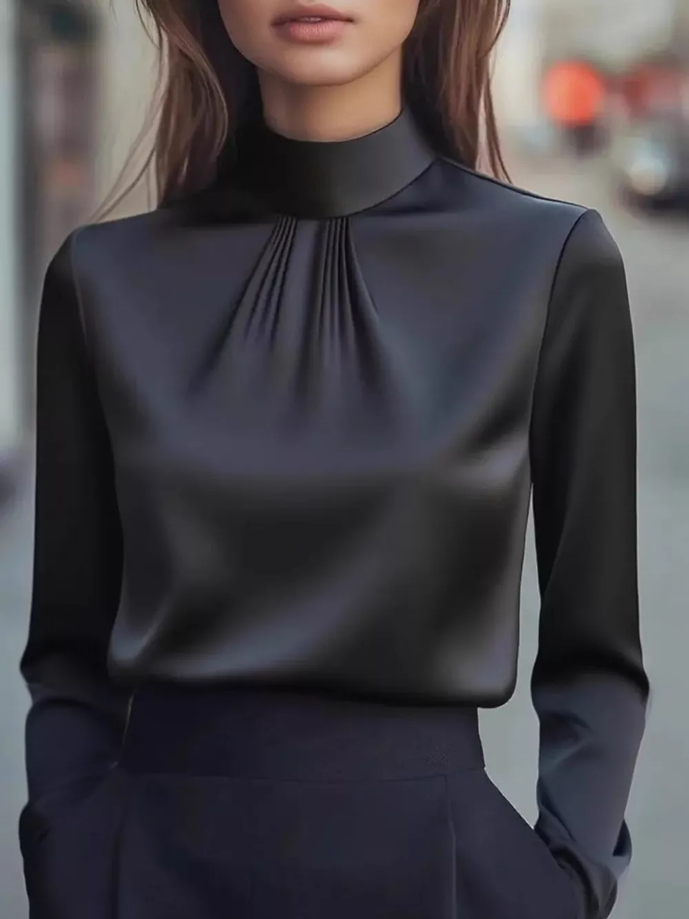 Mock Neck Long Sleeve Blouse with Pleated Detail