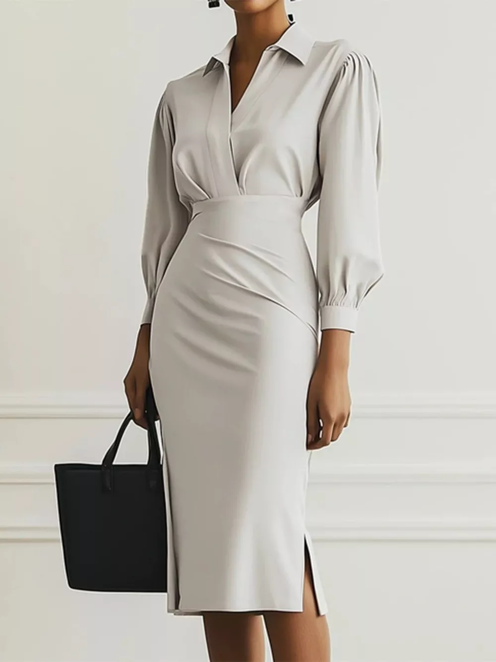 Ruched Midi Shirt Dress with Side Slit
