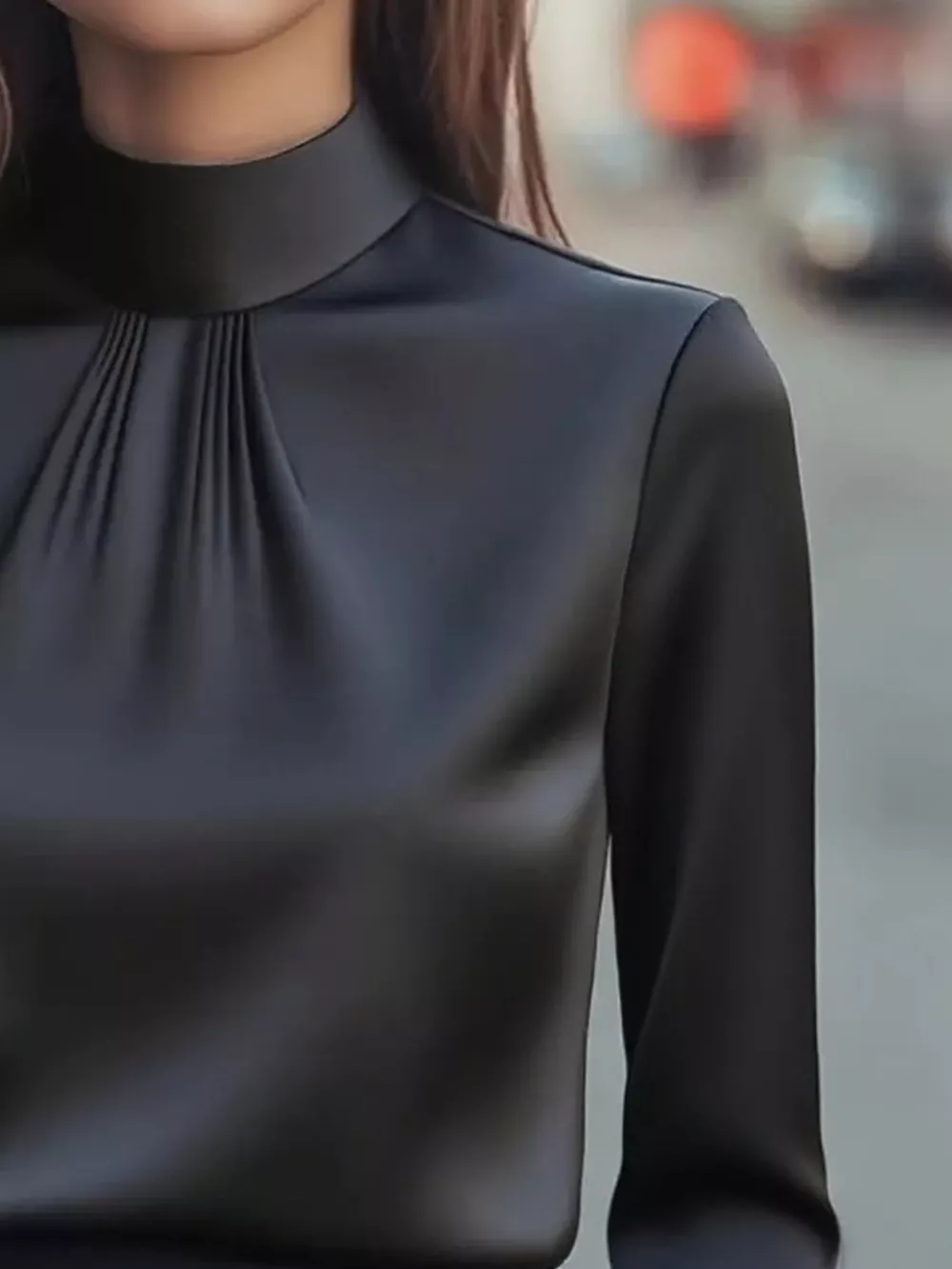 Mock Neck Long Sleeve Blouse with Pleated Detail
