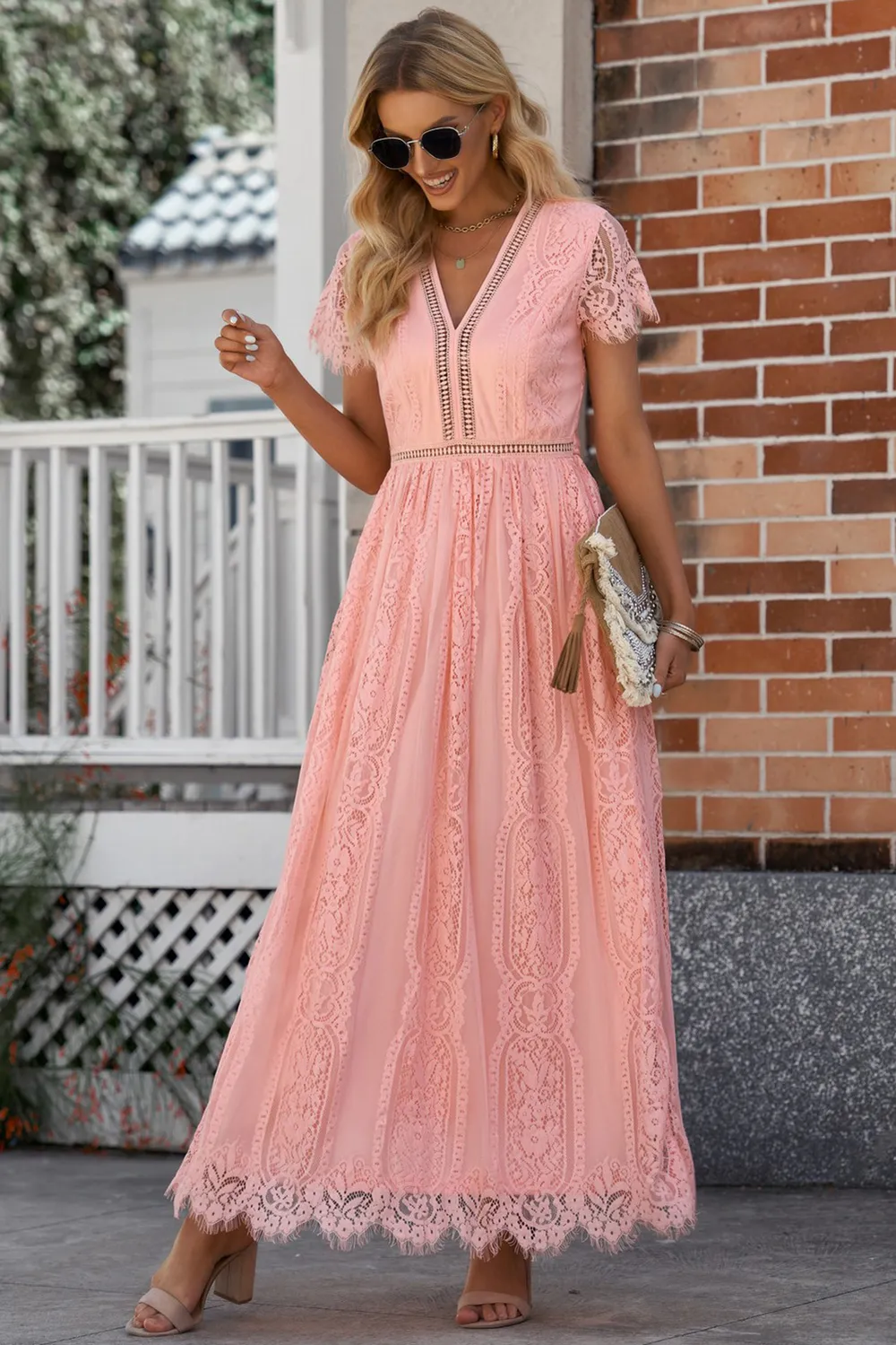 Elegant Pink Lace Maxi Dress
