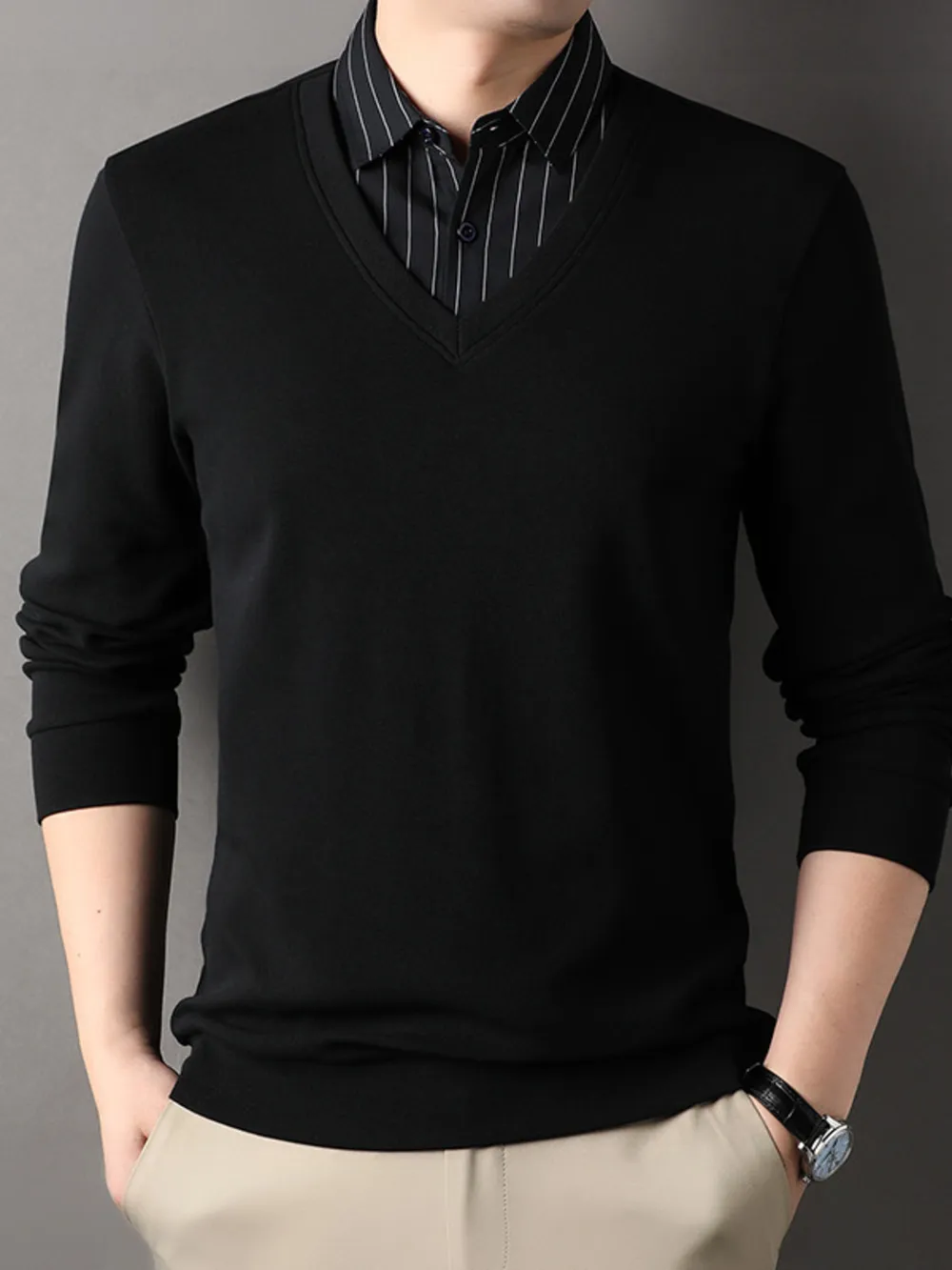 Men's Long Sleeve Striped Collar Polo