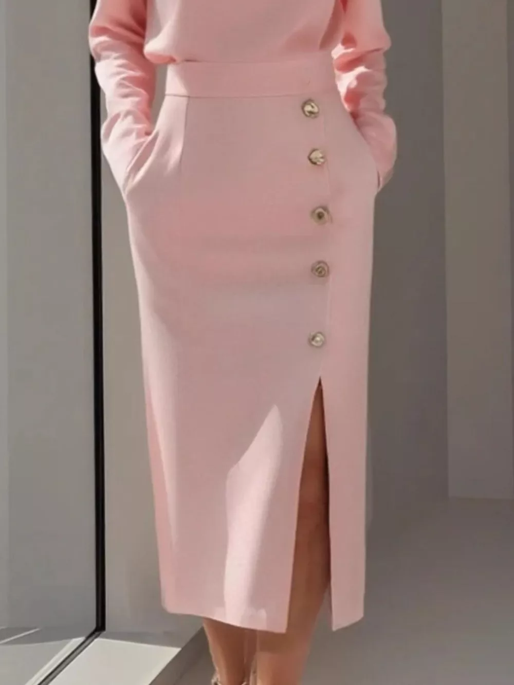 Long Sleeve Button Detail Midi Dress with Side Slit