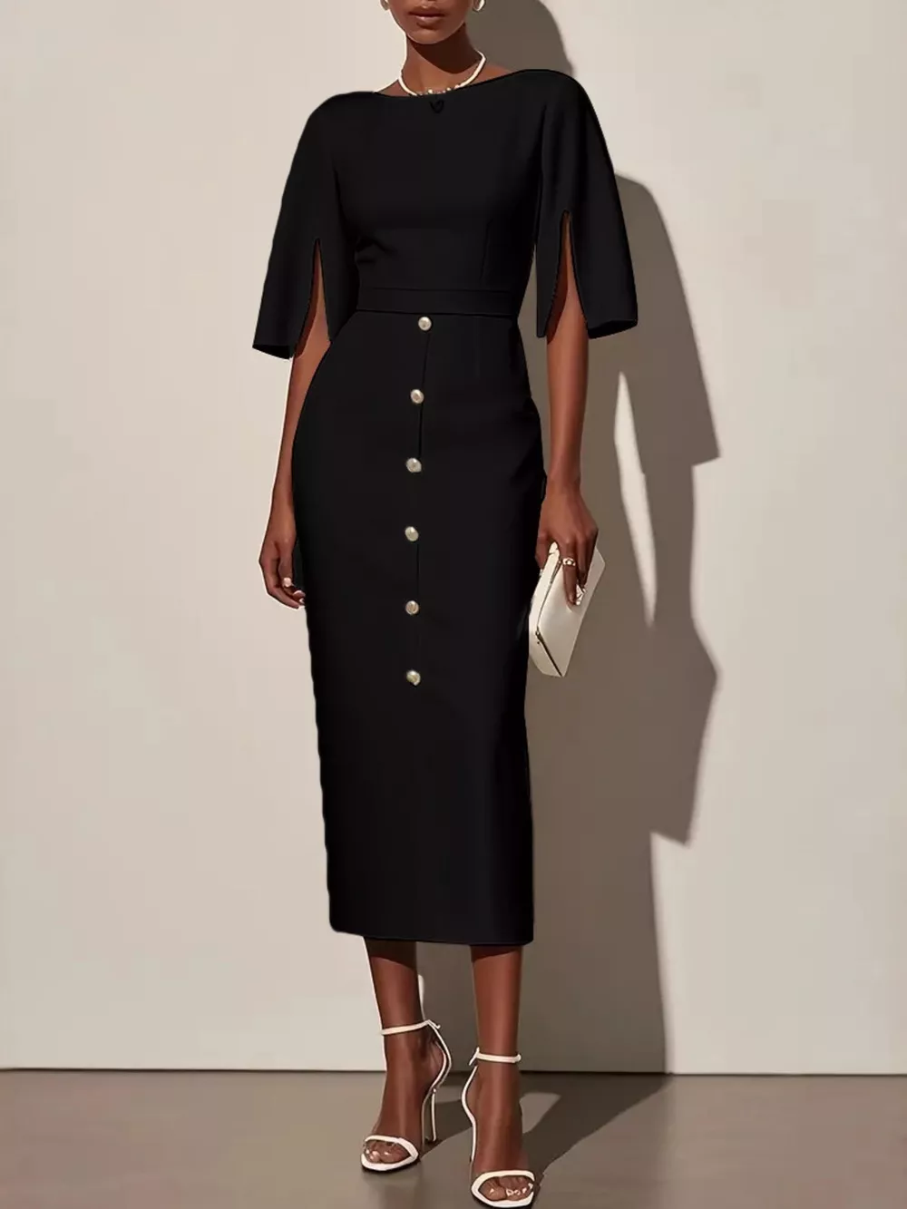Slit Sleeve Midi Dress with Decorative Button