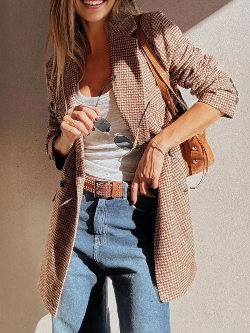 Houndstooth Lapel Collar Blazer