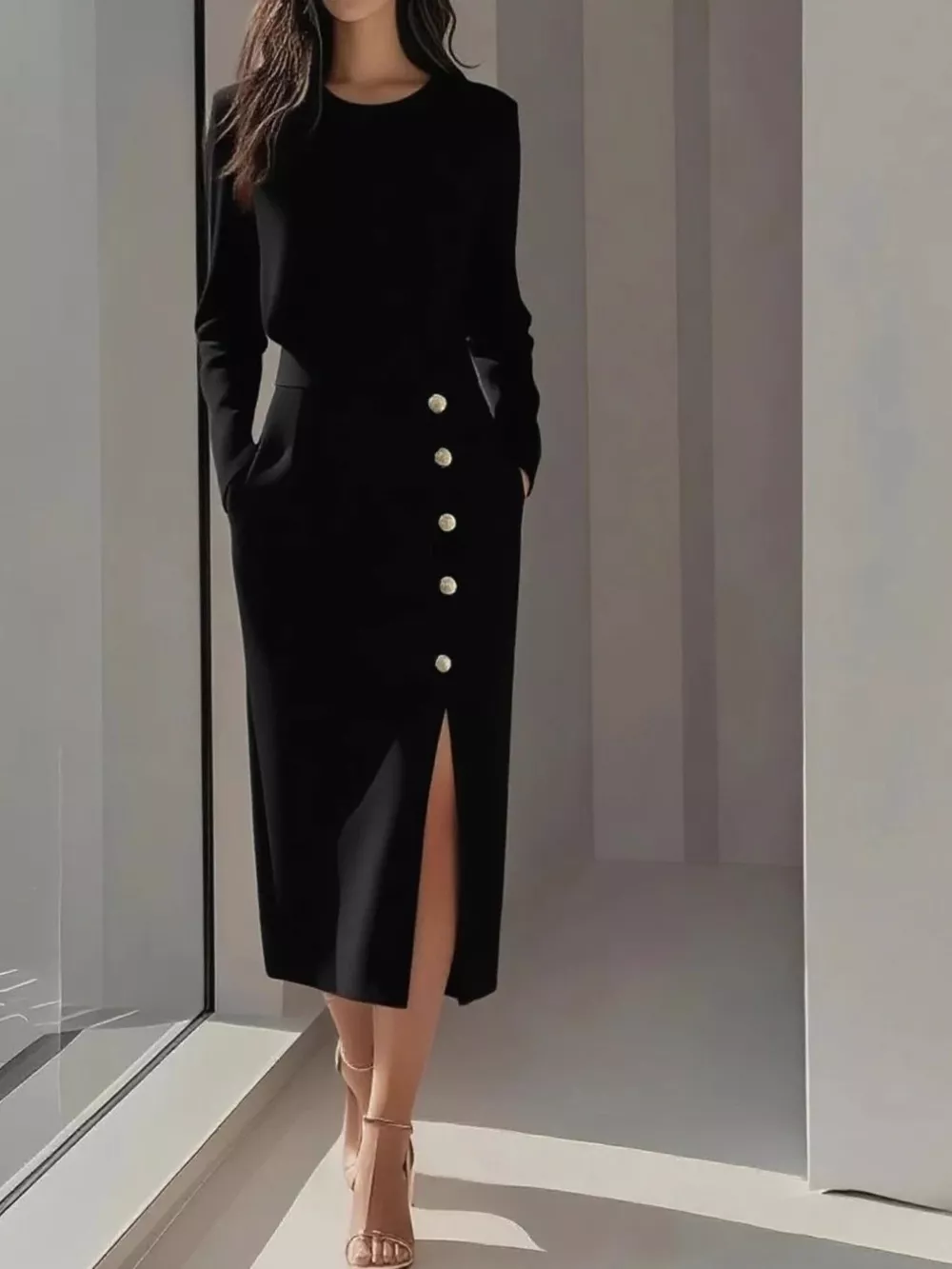 Long Sleeve Button Detail Midi Dress with Side Slit