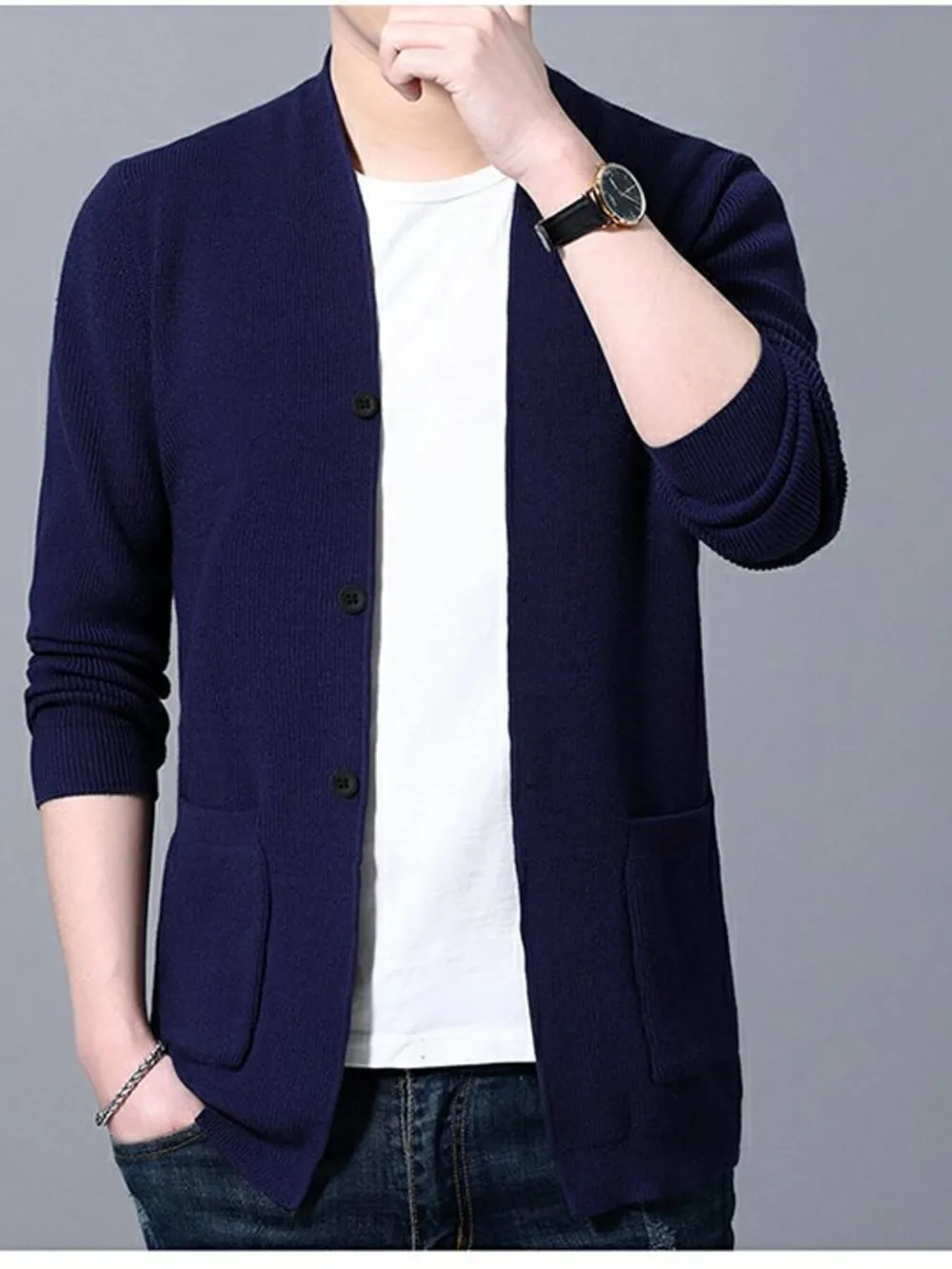 Men's Plus Size Long Sleeve Cardigan with Pockets