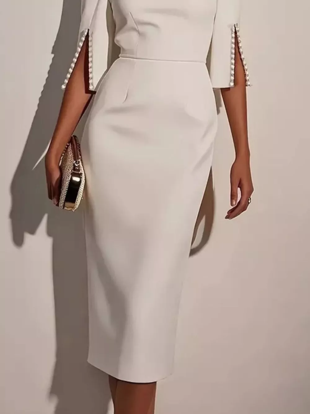 Slim-Fit Elegant Midi Dress with Beaded Slit Sleeve