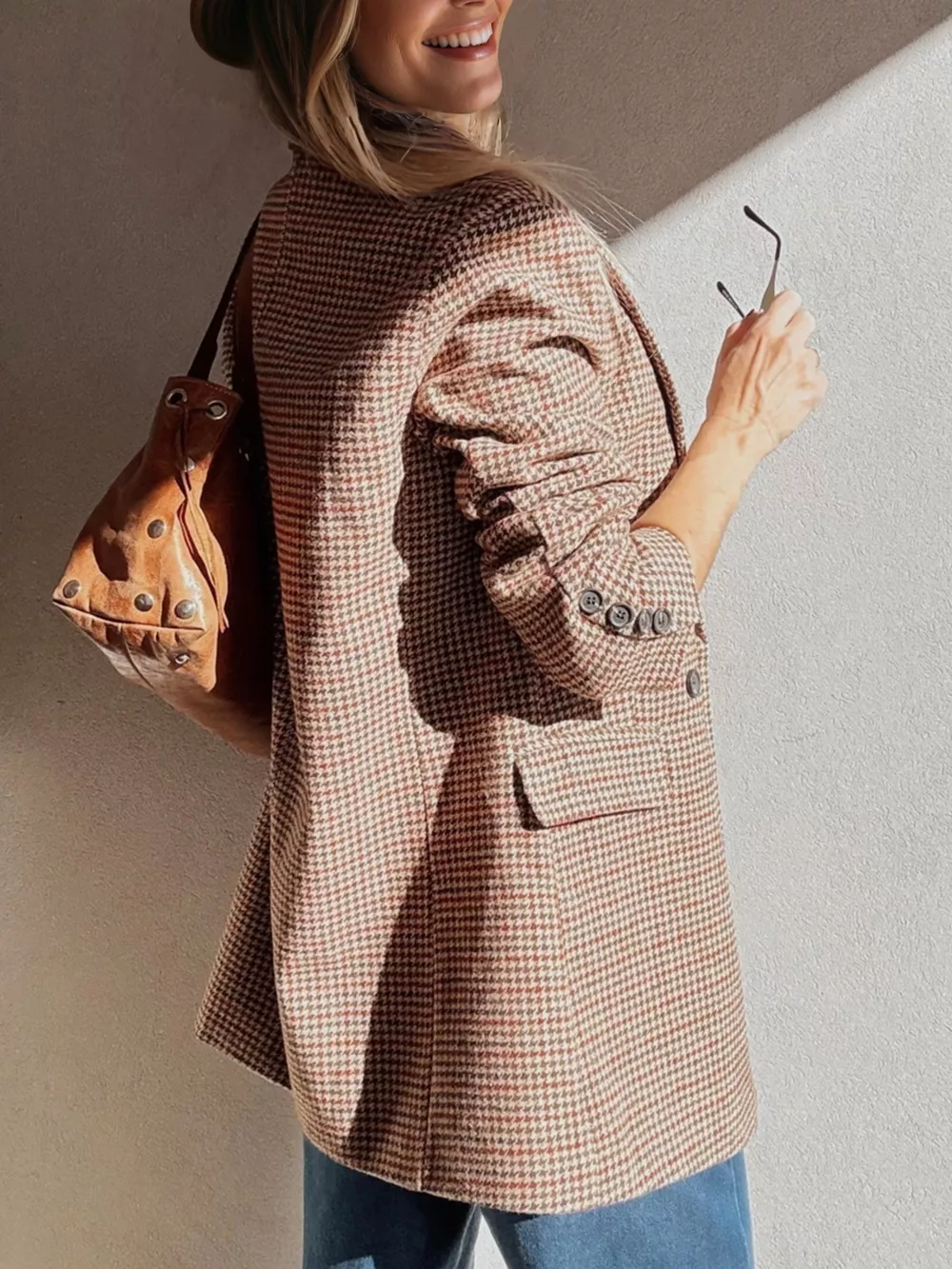 Houndstooth Lapel Collar Blazer