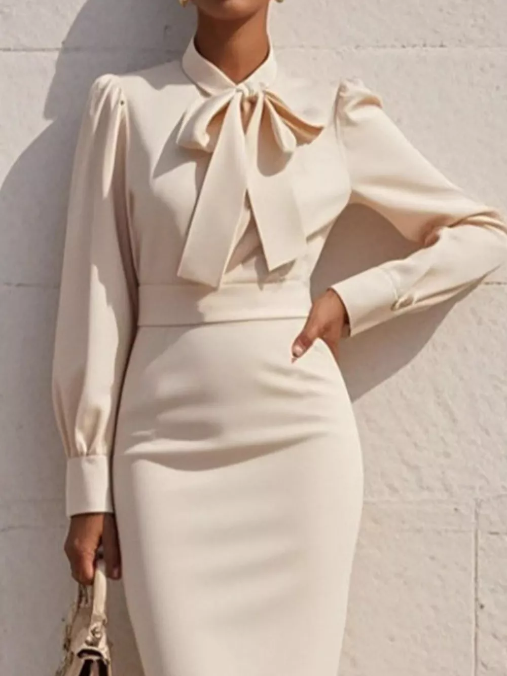Bow Tie Neck Long Sleeve Bodycon Dress