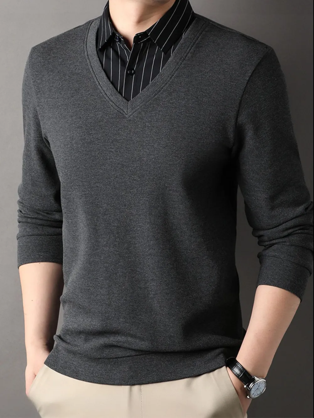 Men's Long Sleeve Striped Collar Polo