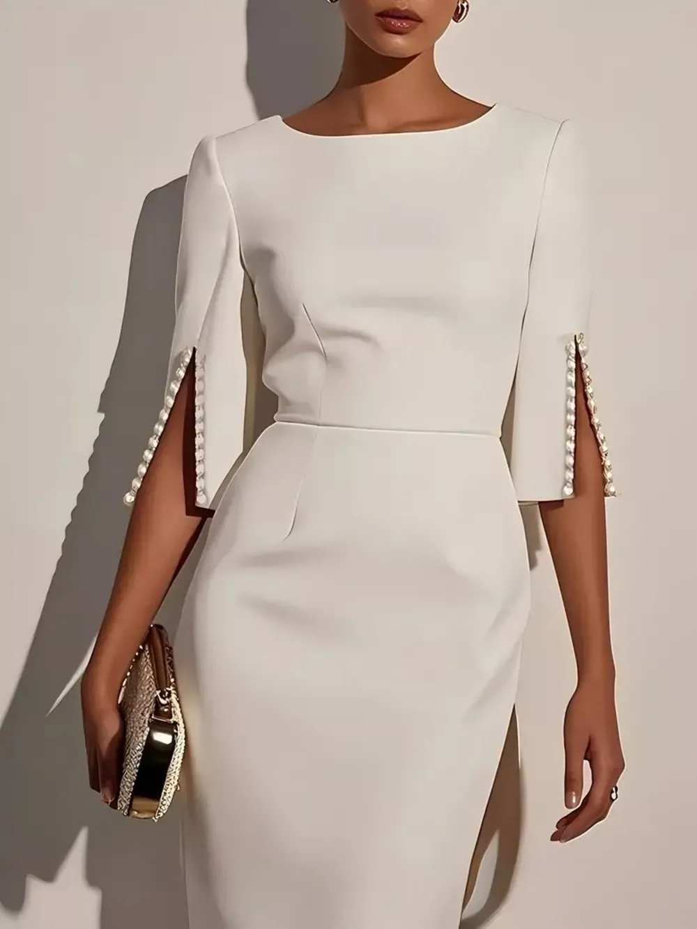 Slim-Fit Elegant Midi Dress with Beaded Slit Sleeve