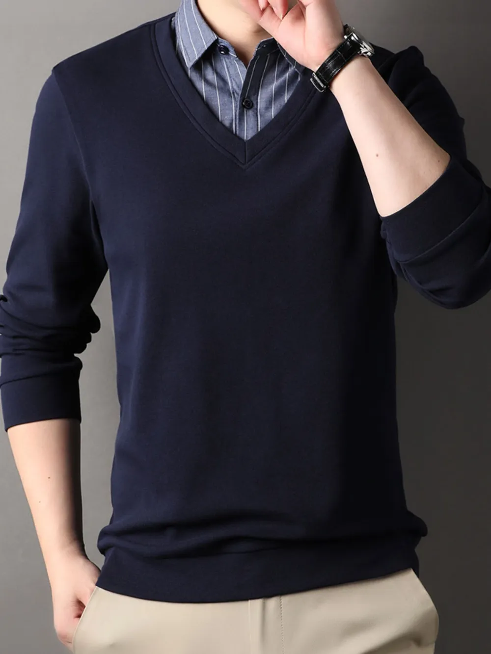 Men's Long Sleeve Striped Collar Polo
