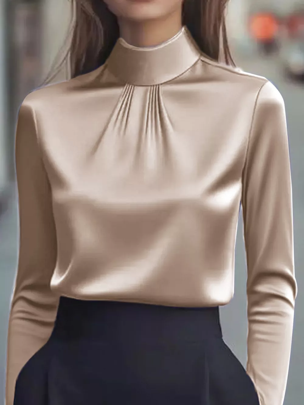 Mock Neck Long Sleeve Blouse with Pleated Detail