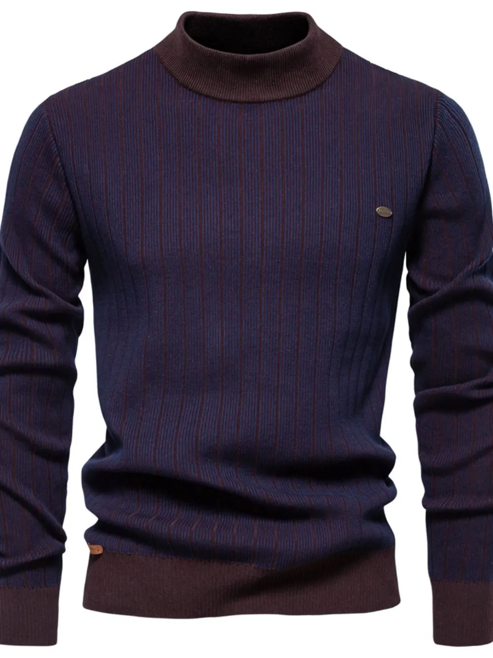 Men's Mock Neck Contrast Striped Sweater