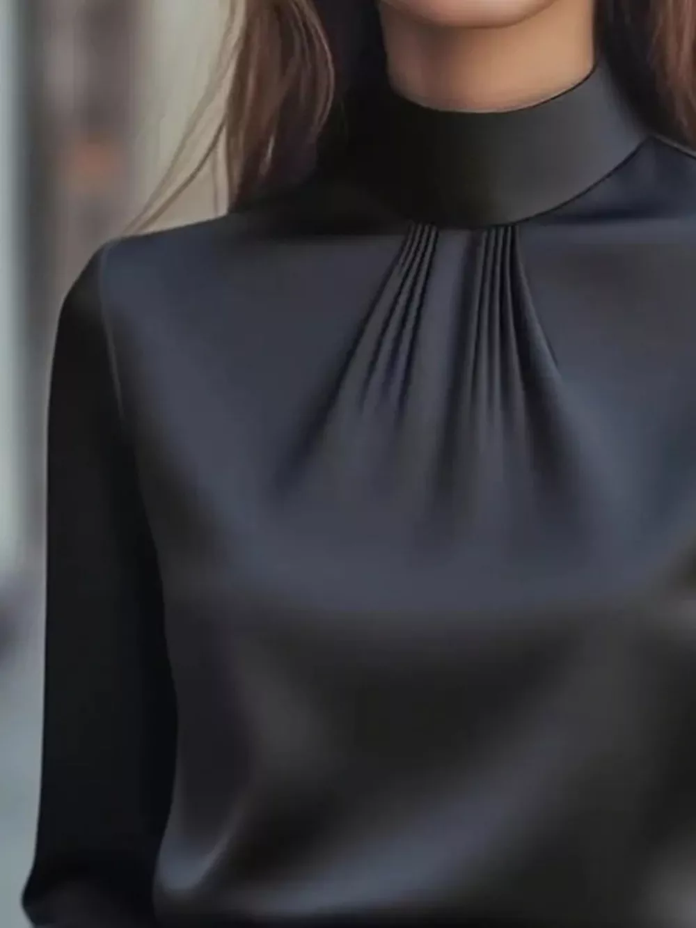 Mock Neck Long Sleeve Blouse with Pleated Detail