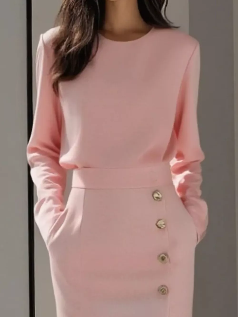 Long Sleeve Button Detail Midi Dress with Side Slit